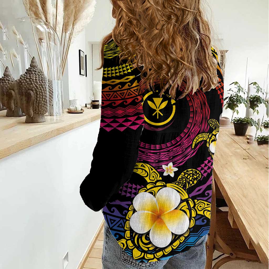 Hawaiian Plumeria Turtle Tribal Spiral Polynesian Tattoo Women Casual Shirt Fanciful Color