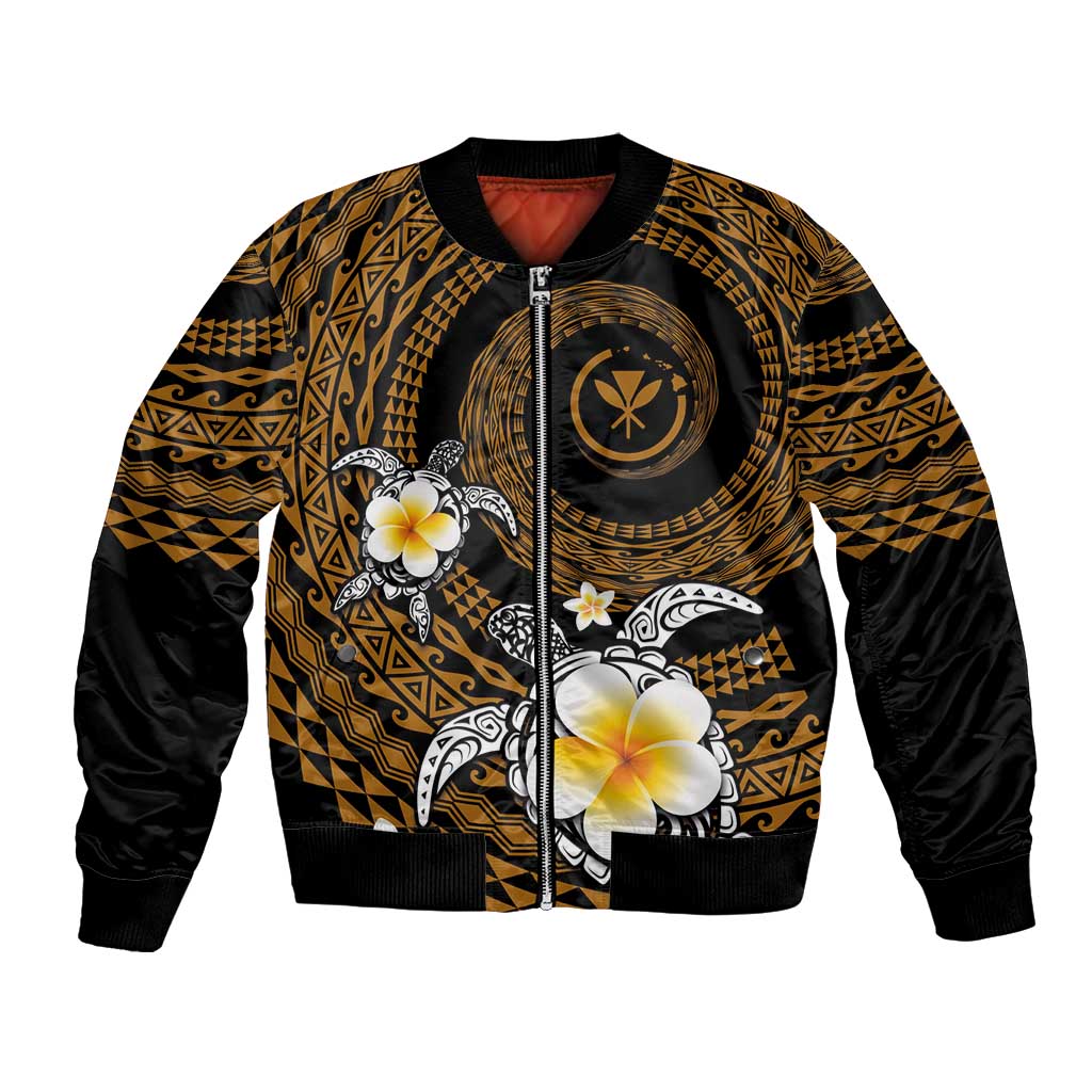 Hawaiian Plumeria Turtle Tribal Spiral Polynesian Tattoo Bomber Jacket Gold Color