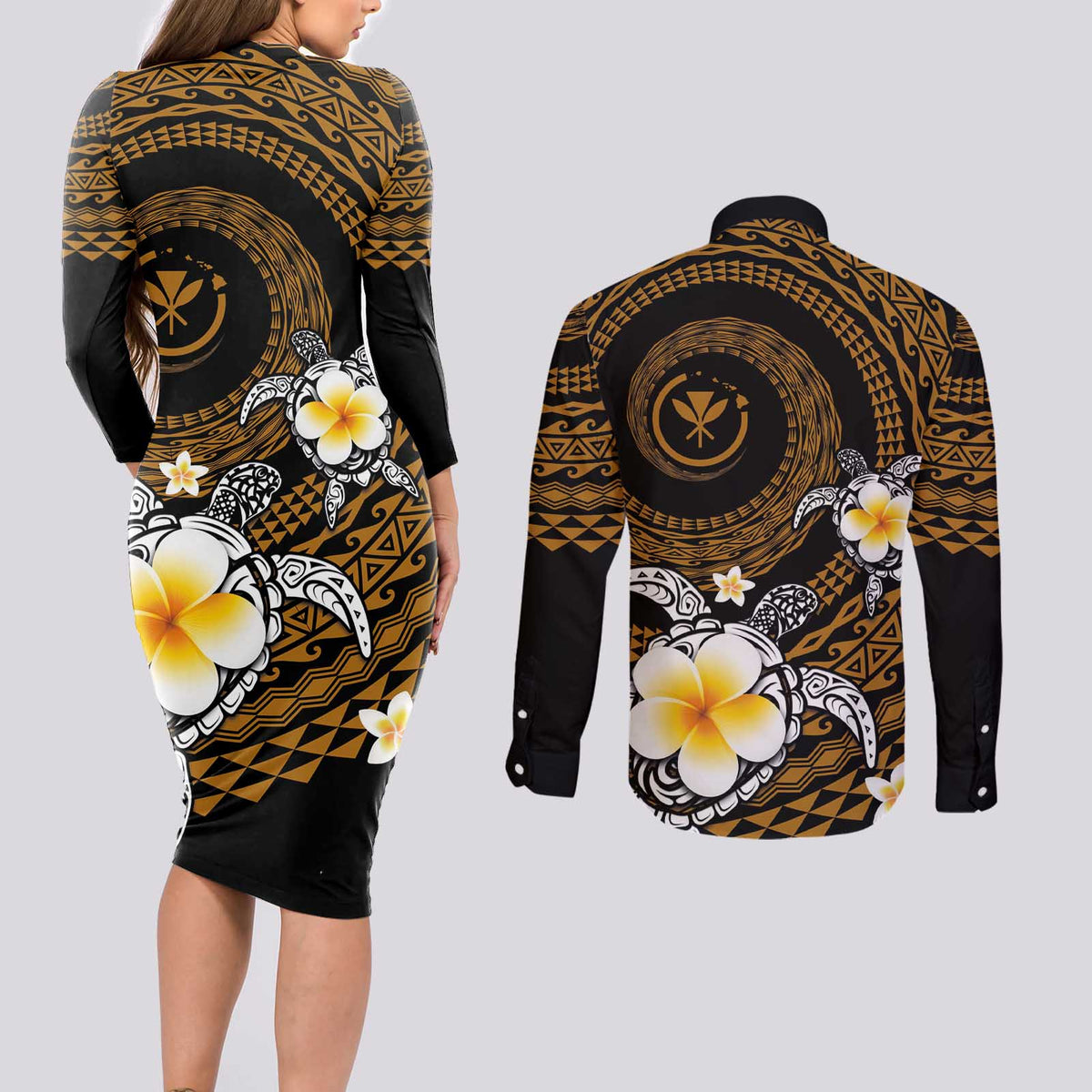 Hawaiian Plumeria Turtle Tribal Spiral Polynesian Tattoo Couples Matching Long Sleeve Bodycon Dress and Long Sleeve Button Shirt Gold Color