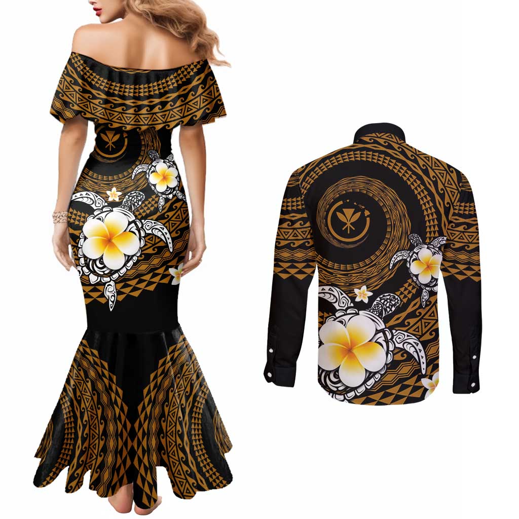 Hawaiian Plumeria Turtle Tribal Spiral Polynesian Tattoo Couples Matching Mermaid Dress and Long Sleeve Button Shirt Gold Color