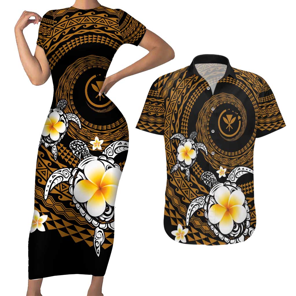 Hawaiian Plumeria Turtle Tribal Spiral Polynesian Tattoo Couples Matching Short Sleeve Bodycon Dress and Hawaiian Shirt Gold Color