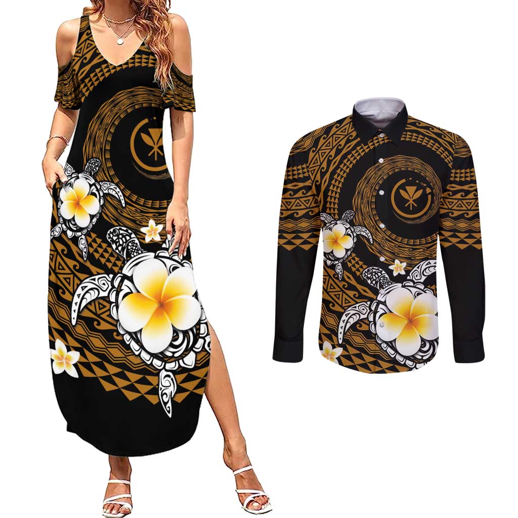 Hawaiian Plumeria Turtle Tribal Spiral Polynesian Tattoo Couples Matching Summer Maxi Dress and Long Sleeve Button Shirt Gold Color