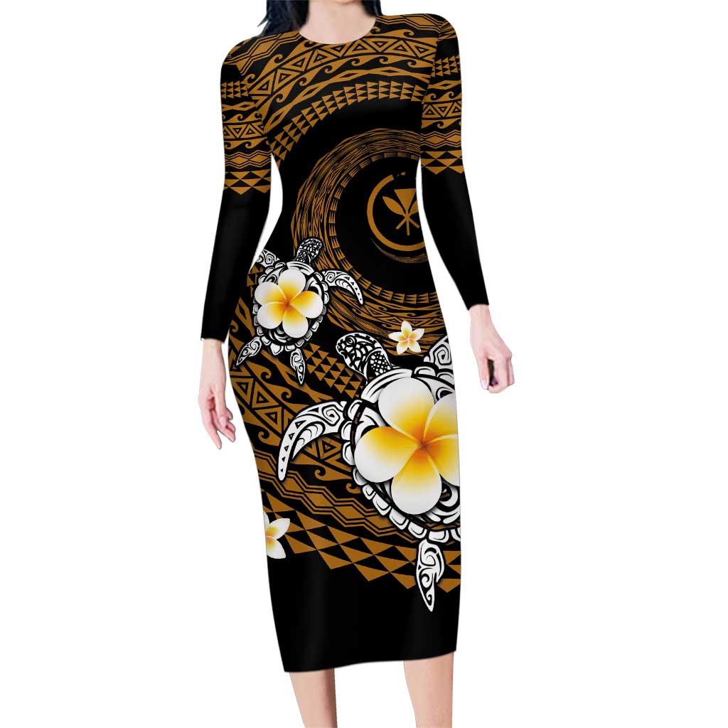 Hawaiian Plumeria Turtle Tribal Spiral Polynesian Tattoo Family Matching Long Sleeve Bodycon Dress and Hawaiian Shirt Gold Color