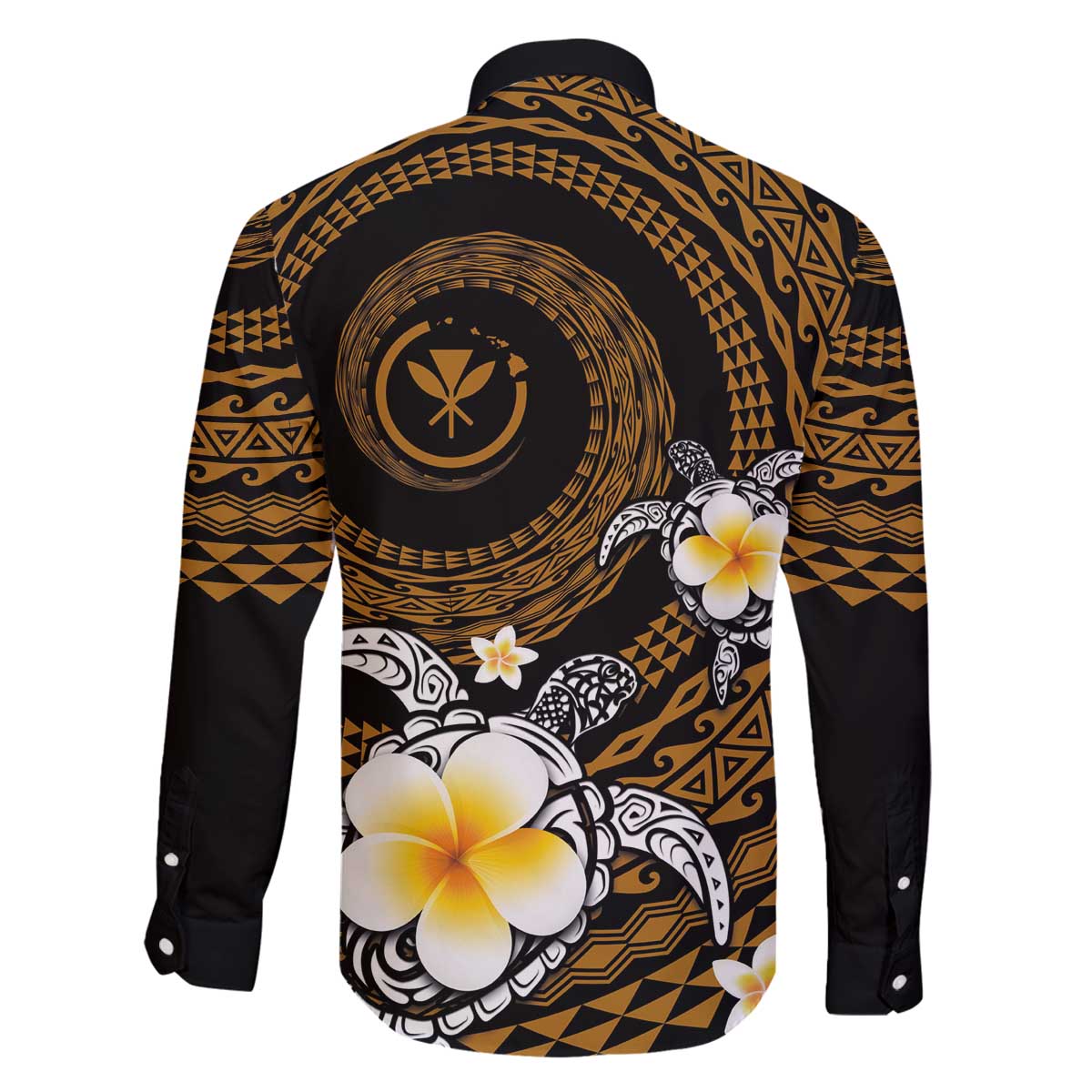 Hawaiian Plumeria Turtle Tribal Spiral Polynesian Tattoo Family Matching Off Shoulder Short Dress and Hawaiian Shirt Gold Color
