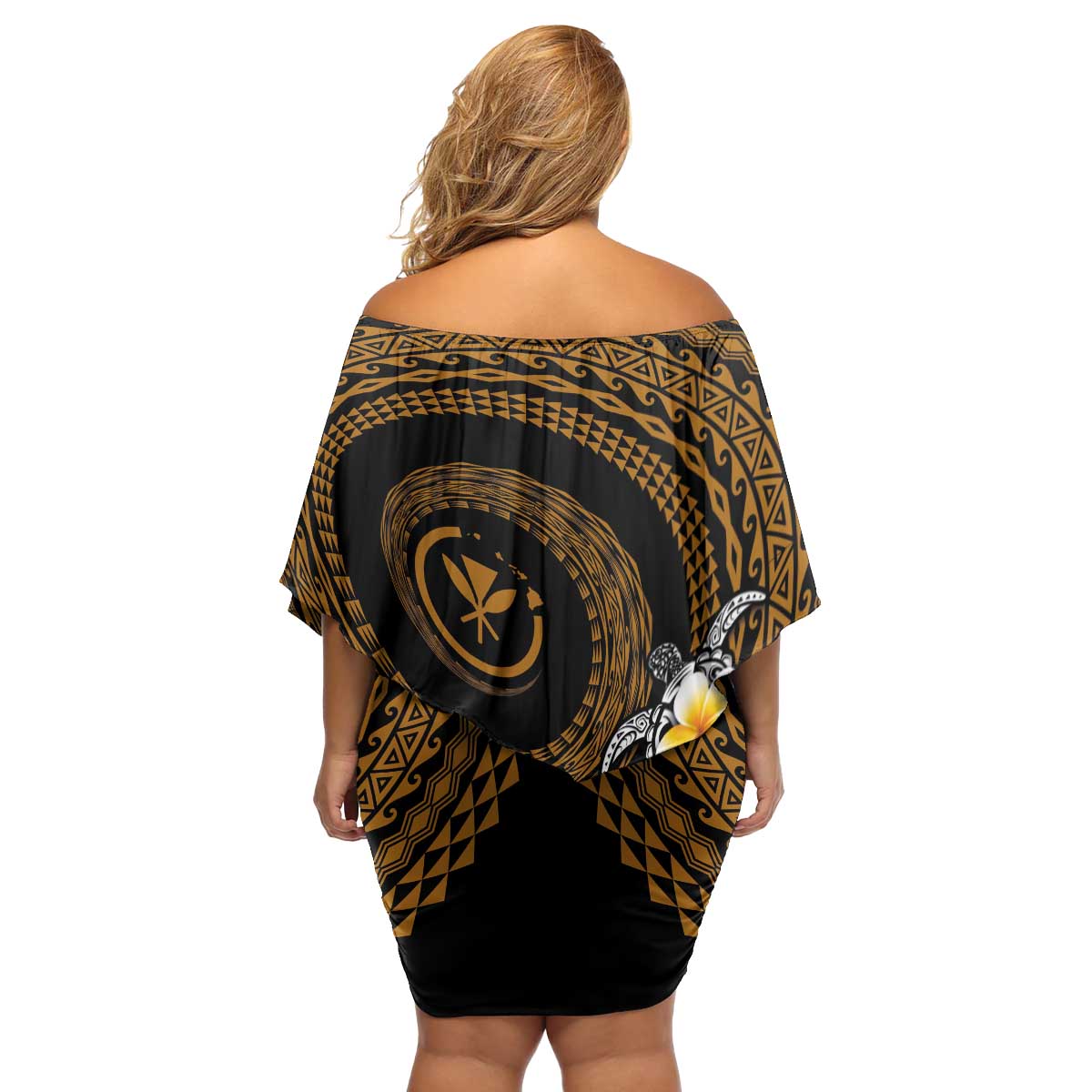 Hawaiian Plumeria Turtle Tribal Spiral Polynesian Tattoo Family Matching Off Shoulder Short Dress and Hawaiian Shirt Gold Color