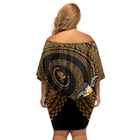Hawaiian Plumeria Turtle Tribal Spiral Polynesian Tattoo Family Matching Off Shoulder Short Dress and Hawaiian Shirt Gold Color