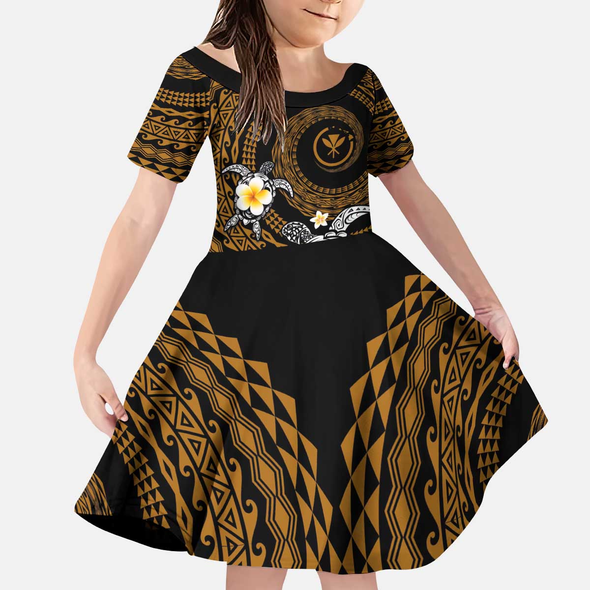 Hawaiian Plumeria Turtle Tribal Spiral Polynesian Tattoo Family Matching Puletasi and Hawaiian Shirt Gold Color LT03 Daughter's Dress Gold - Polynesian Pride