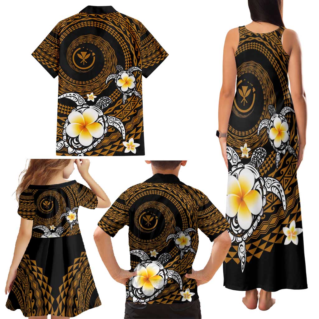 Hawaiian Plumeria Turtle Tribal Spiral Polynesian Tattoo Family Matching Tank Maxi Dress and Hawaiian Shirt Gold Color