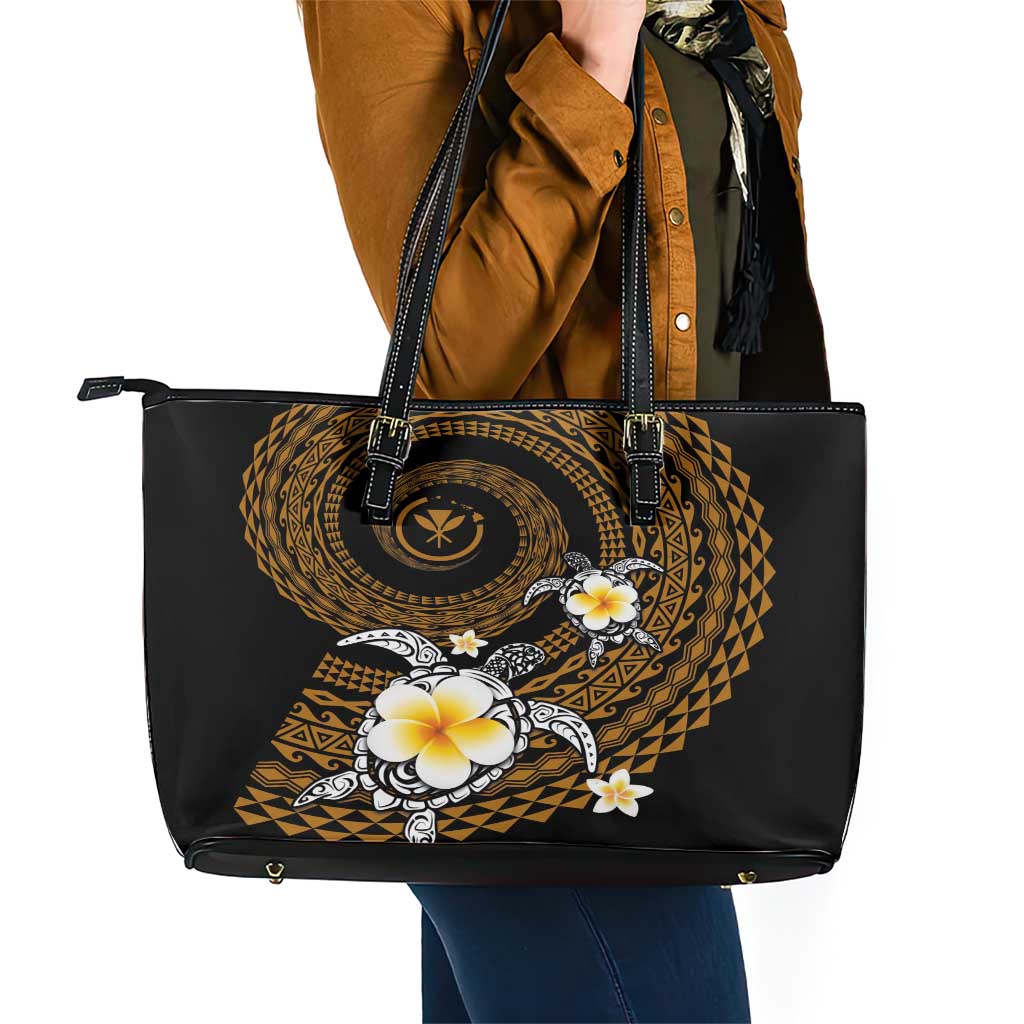Hawaiian Plumeria Turtle Tribal Spiral Polynesian Tattoo Leather Tote Bag Gold Color LT03 - Polynesian Pride