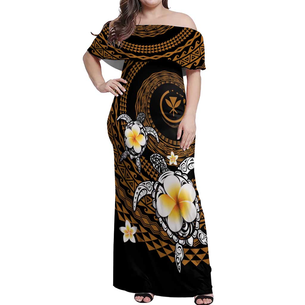 Hawaiian Plumeria Turtle Tribal Spiral Polynesian Tattoo Off Shoulder Maxi Dress Gold Color