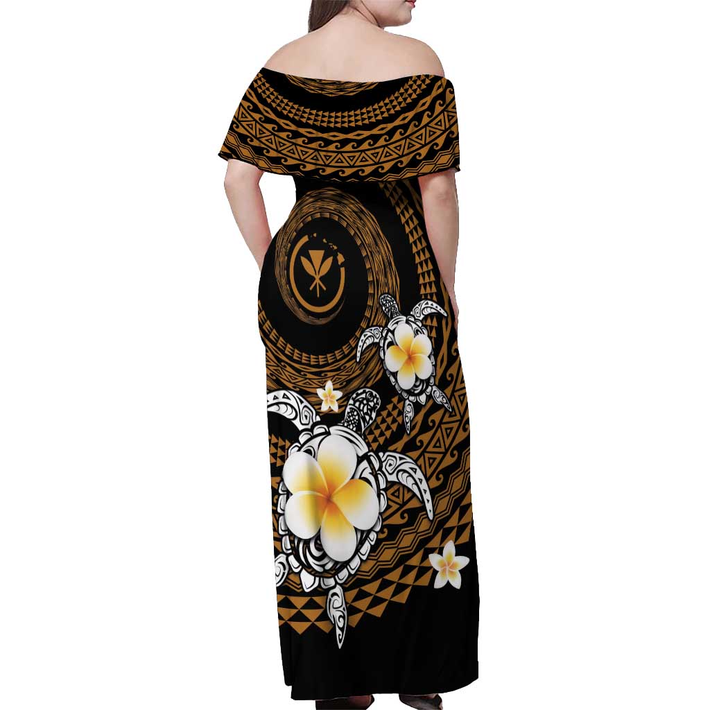 Hawaiian Plumeria Turtle Tribal Spiral Polynesian Tattoo Off Shoulder Maxi Dress Gold Color