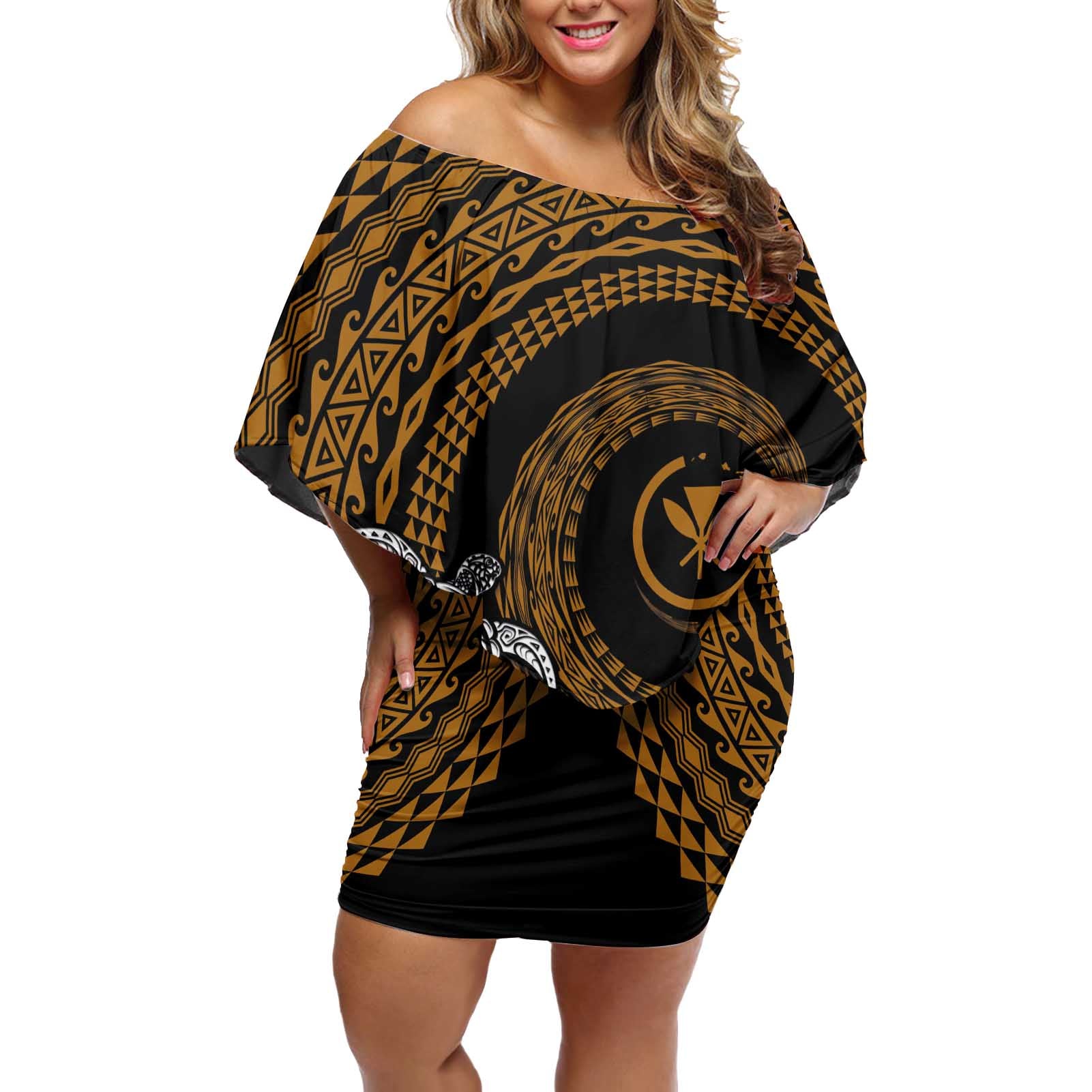 Hawaiian Plumeria Turtle Tribal Spiral Polynesian Tattoo Off Shoulder Short Dress Gold Color