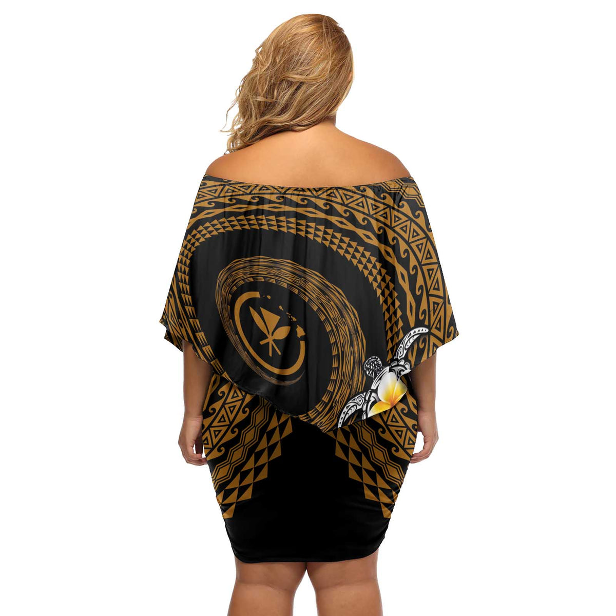 Hawaiian Plumeria Turtle Tribal Spiral Polynesian Tattoo Off Shoulder Short Dress Gold Color