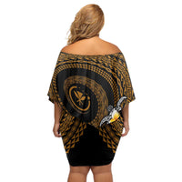 Hawaiian Plumeria Turtle Tribal Spiral Polynesian Tattoo Off Shoulder Short Dress Gold Color
