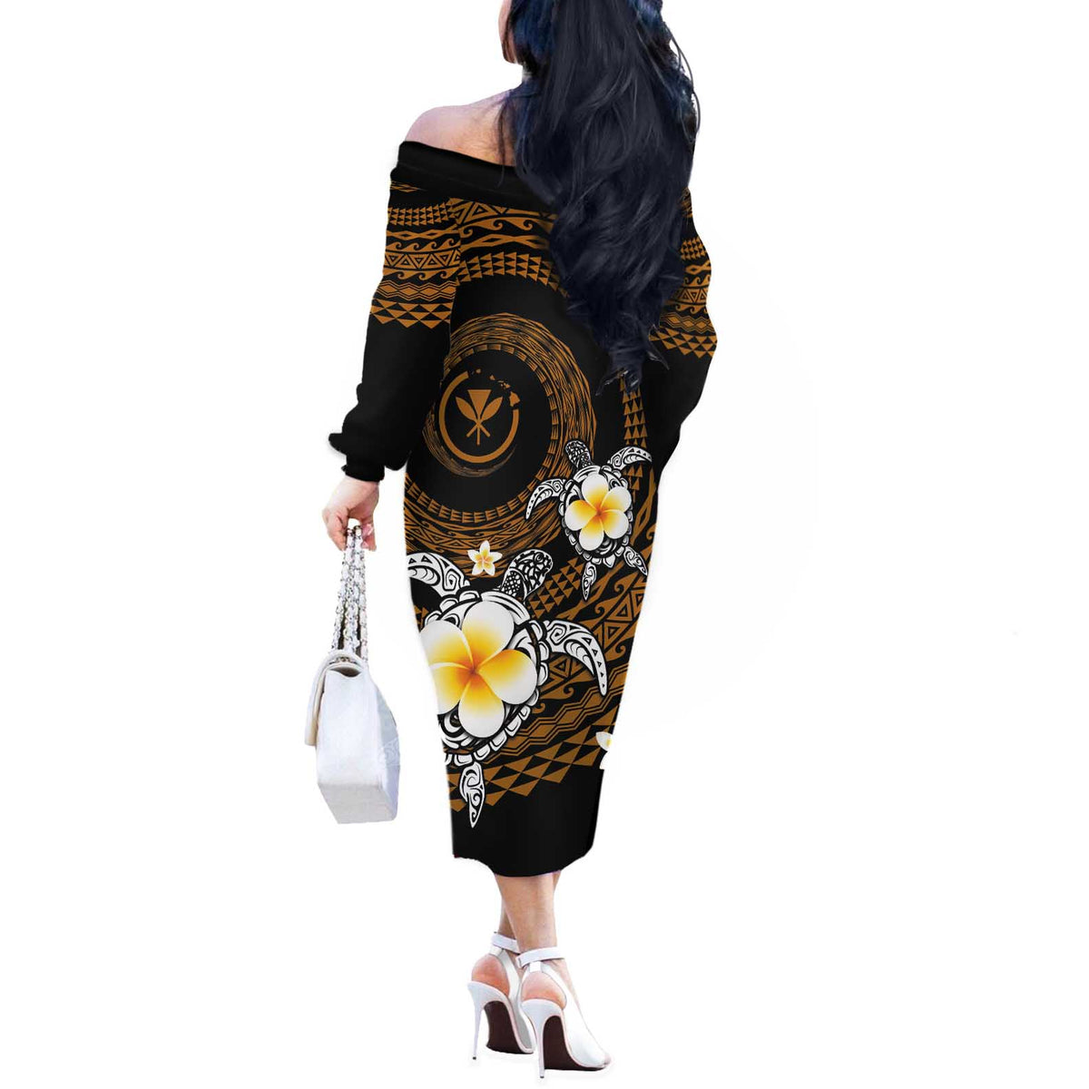 Hawaiian Plumeria Turtle Tribal Spiral Polynesian Tattoo Off The Shoulder Long Sleeve Dress Gold Color