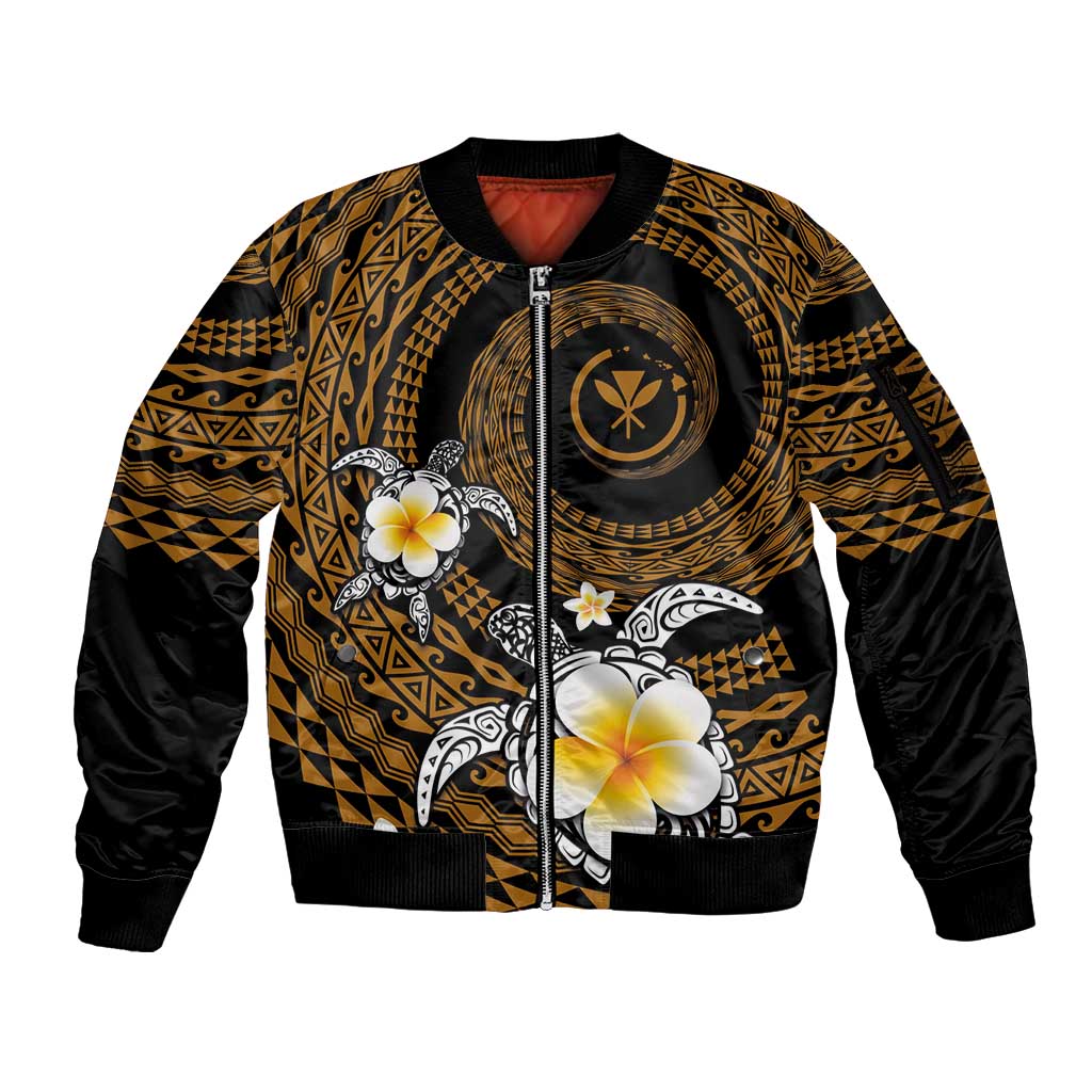 Hawaiian Plumeria Turtle Tribal Spiral Polynesian Tattoo Sleeve Zip Bomber Jacket Gold Color