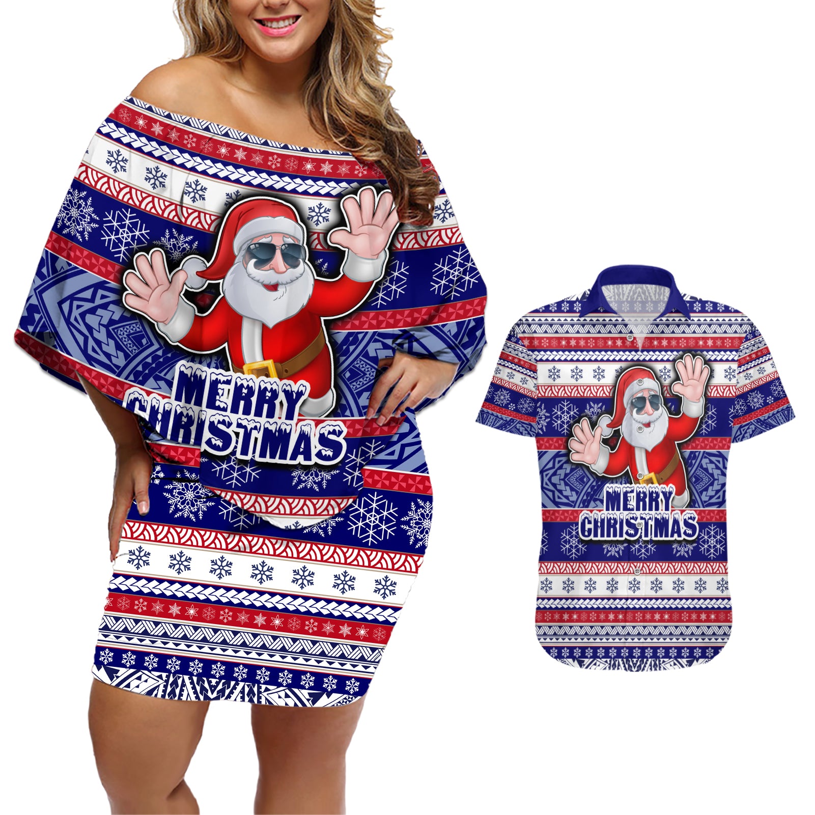 Custom American Samoa Christmas Couples Matching Off Shoulder Short Dress and Hawaiian Shirt Samoan Coat of Arms and Cool Santa Ornament Style LT03 Blue - Polynesian Pride