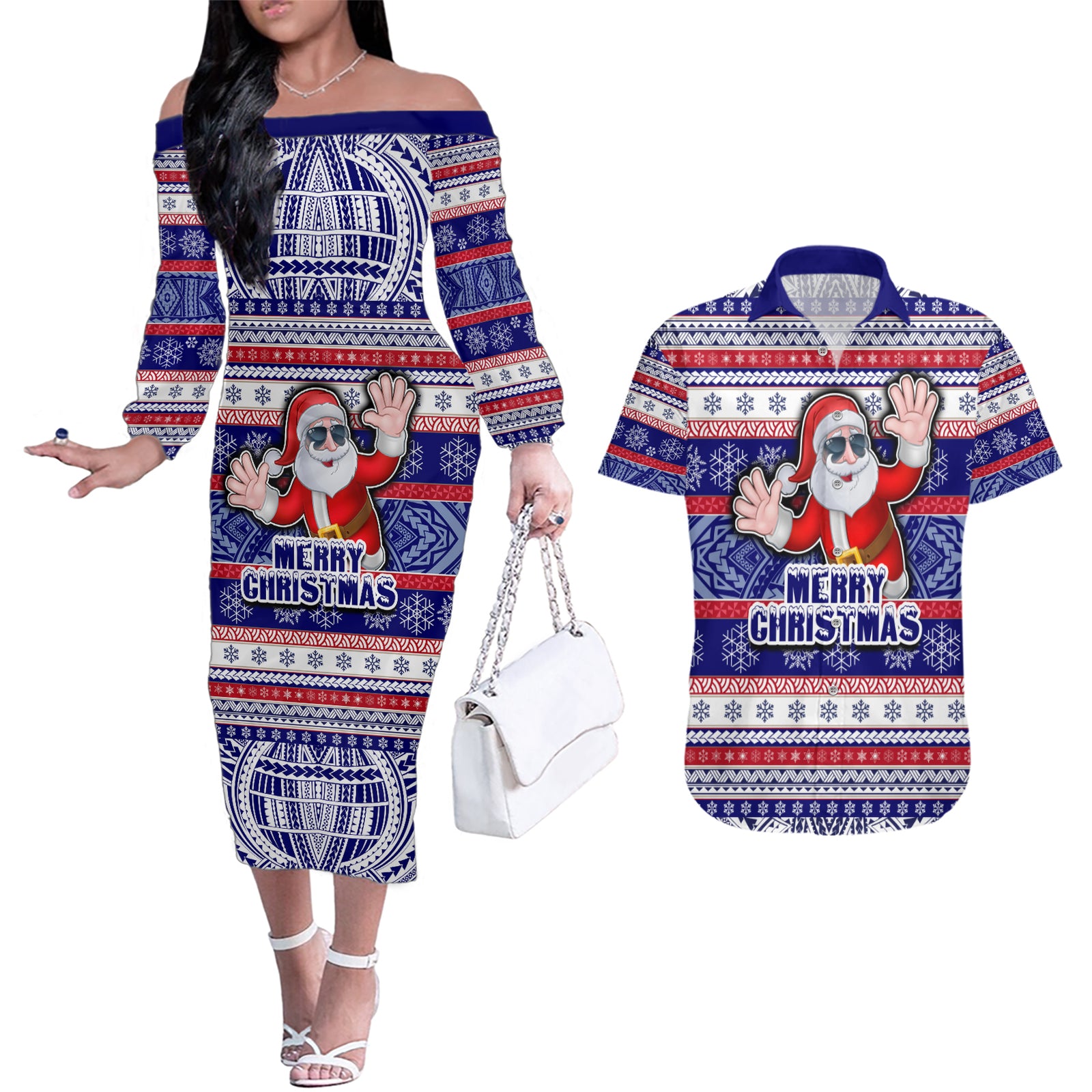 Custom American Samoa Christmas Couples Matching Off The Shoulder Long Sleeve Dress and Hawaiian Shirt Samoan Coat of Arms and Cool Santa Ornament Style LT03 Blue - Polynesian Pride