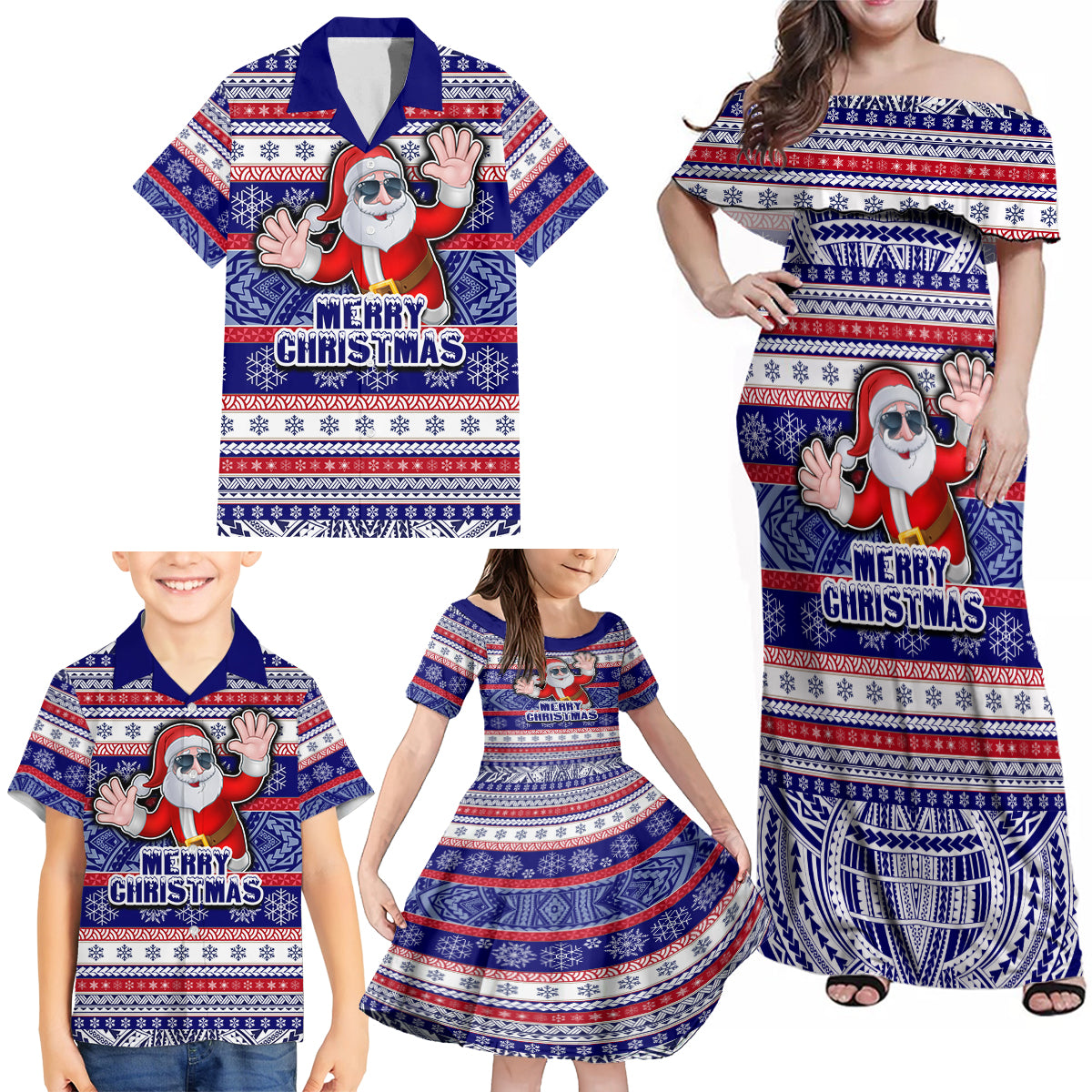 Custom American Samoa Christmas Family Matching Off Shoulder Maxi Dress and Hawaiian Shirt Samoan Coat of Arms and Cool Santa Ornament Style LT03 - Polynesian Pride