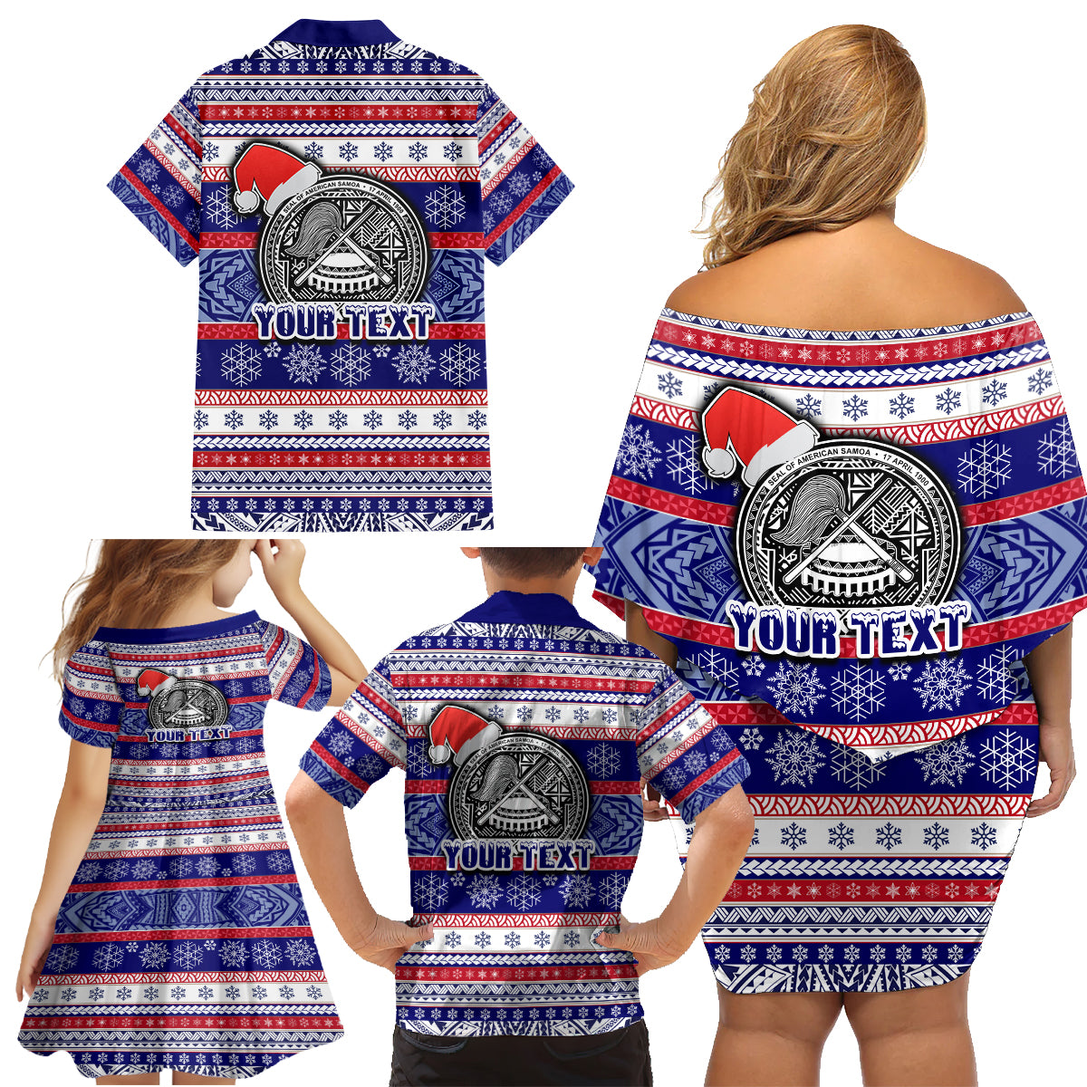 Custom American Samoa Christmas Family Matching Off Shoulder Short Dress and Hawaiian Shirt Samoan Coat of Arms and Cool Santa Ornament Style LT03 - Polynesian Pride