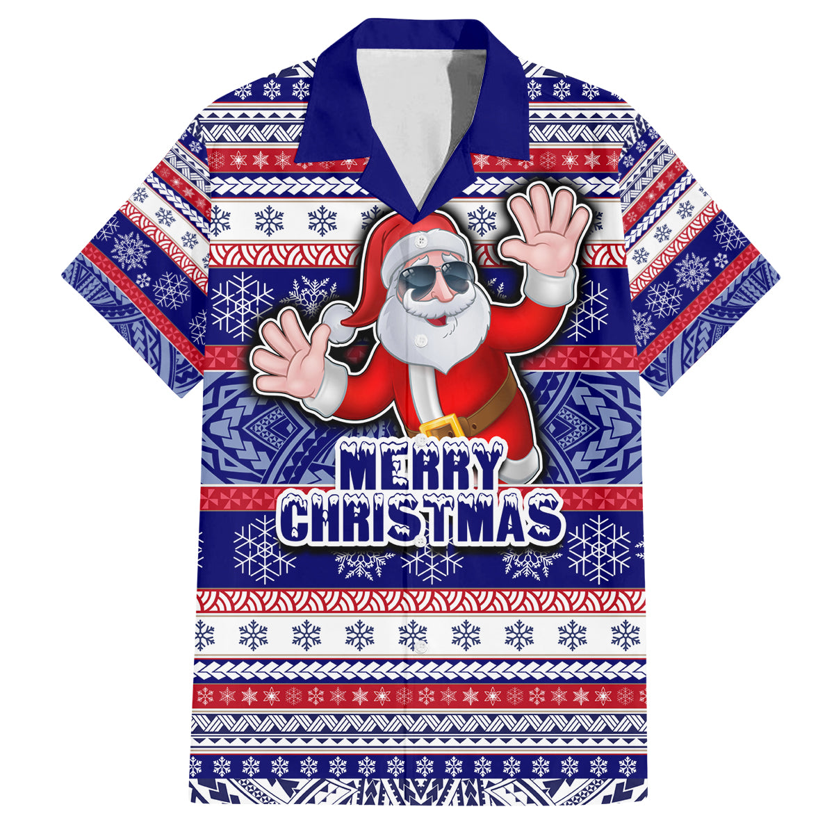 Custom American Samoa Christmas Family Matching Off Shoulder Short Dress and Hawaiian Shirt Samoan Coat of Arms and Cool Santa Ornament Style LT03 Dad's Shirt - Short Sleeve Blue - Polynesian Pride