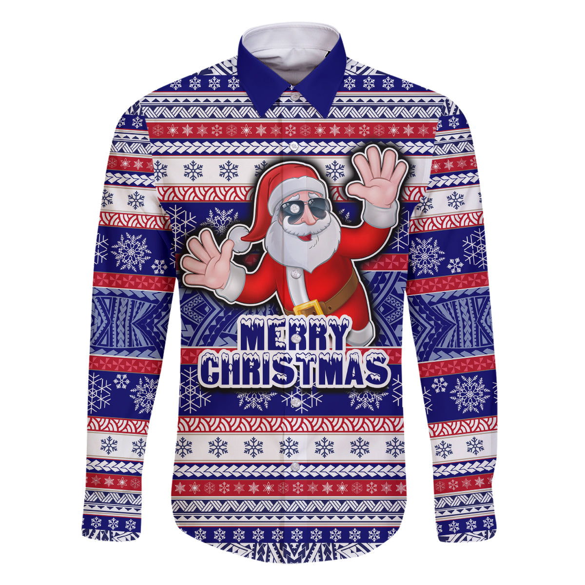 Custom American Samoa Christmas Family Matching Summer Maxi Dress and Hawaiian Shirt Samoan Coat of Arms and Cool Santa Ornament Style LT03 Dad's Shirt - Long Sleeve Blue - Polynesian Pride