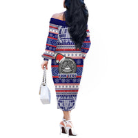 Custom American Samoa Christmas Off The Shoulder Long Sleeve Dress Samoan Coat of Arms and Cool Santa Ornament Style LT03 - Polynesian Pride