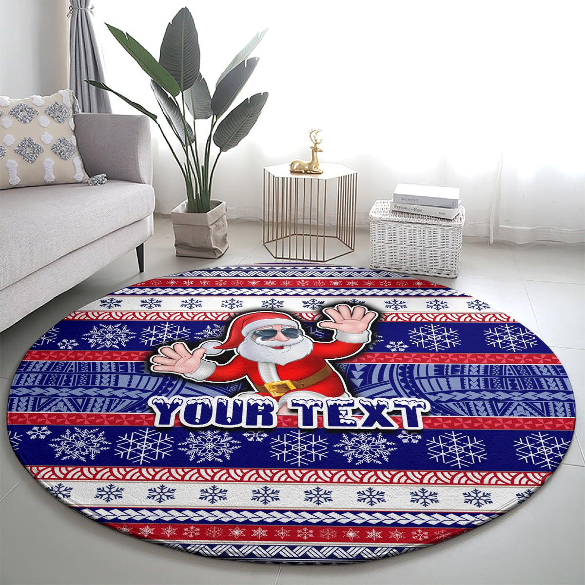Custom American Samoa Christmas Round Carpet Samoan Coat of Arms and Cool Santa Ornament Style LT03 - Polynesian Pride