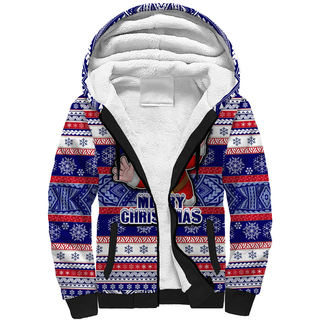 Custom American Samoa Christmas Sherpa Hoodie Samoan Coat of Arms and Cool Santa Ornament Style LT03 Unisex Blue - Polynesian Pride