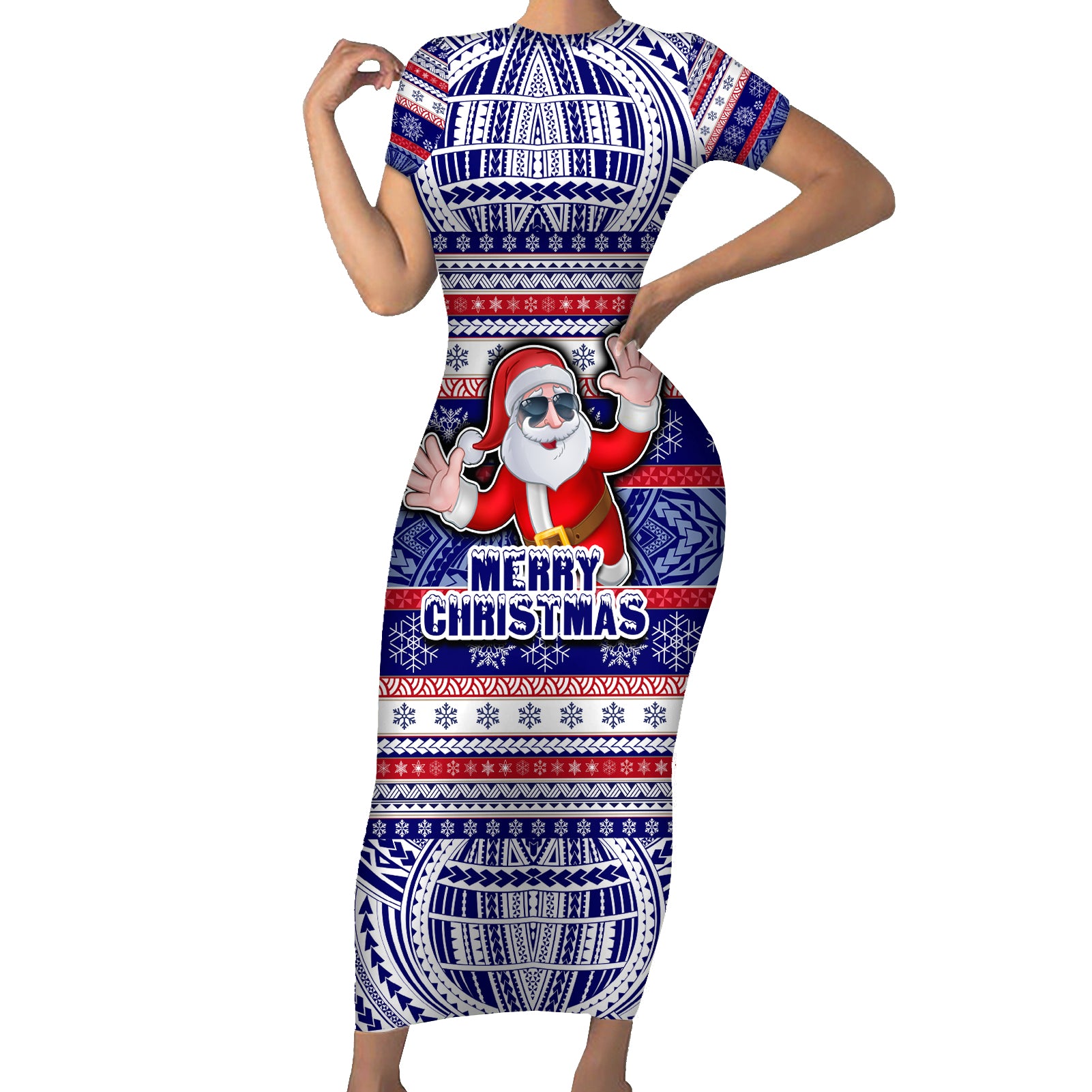 Custom American Samoa Christmas Short Sleeve Bodycon Dress Samoan Coat of Arms and Cool Santa Ornament Style LT03 Long Dress Blue - Polynesian Pride
