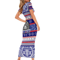 Custom American Samoa Christmas Short Sleeve Bodycon Dress Samoan Coat of Arms and Cool Santa Ornament Style LT03 - Polynesian Pride