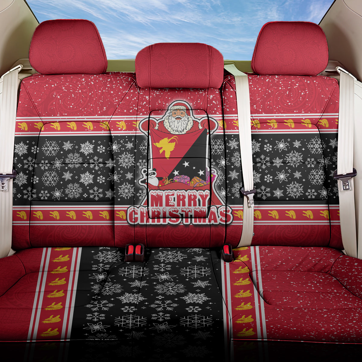 Papua New Guinea Christmas Back Car Seat Cover Santa With Flag Of PNG Polynesian Tribal Xmas Vibe