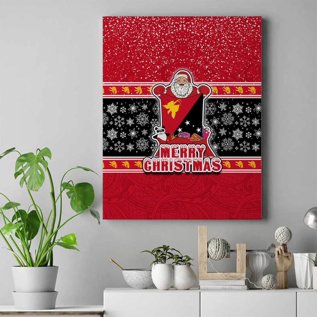 Papua New Guinea Christmas Canvas Wall Art Santa With Flag Of PNG Polynesian Tribal Xmas Vibe LT03 Red - Polynesian Pride