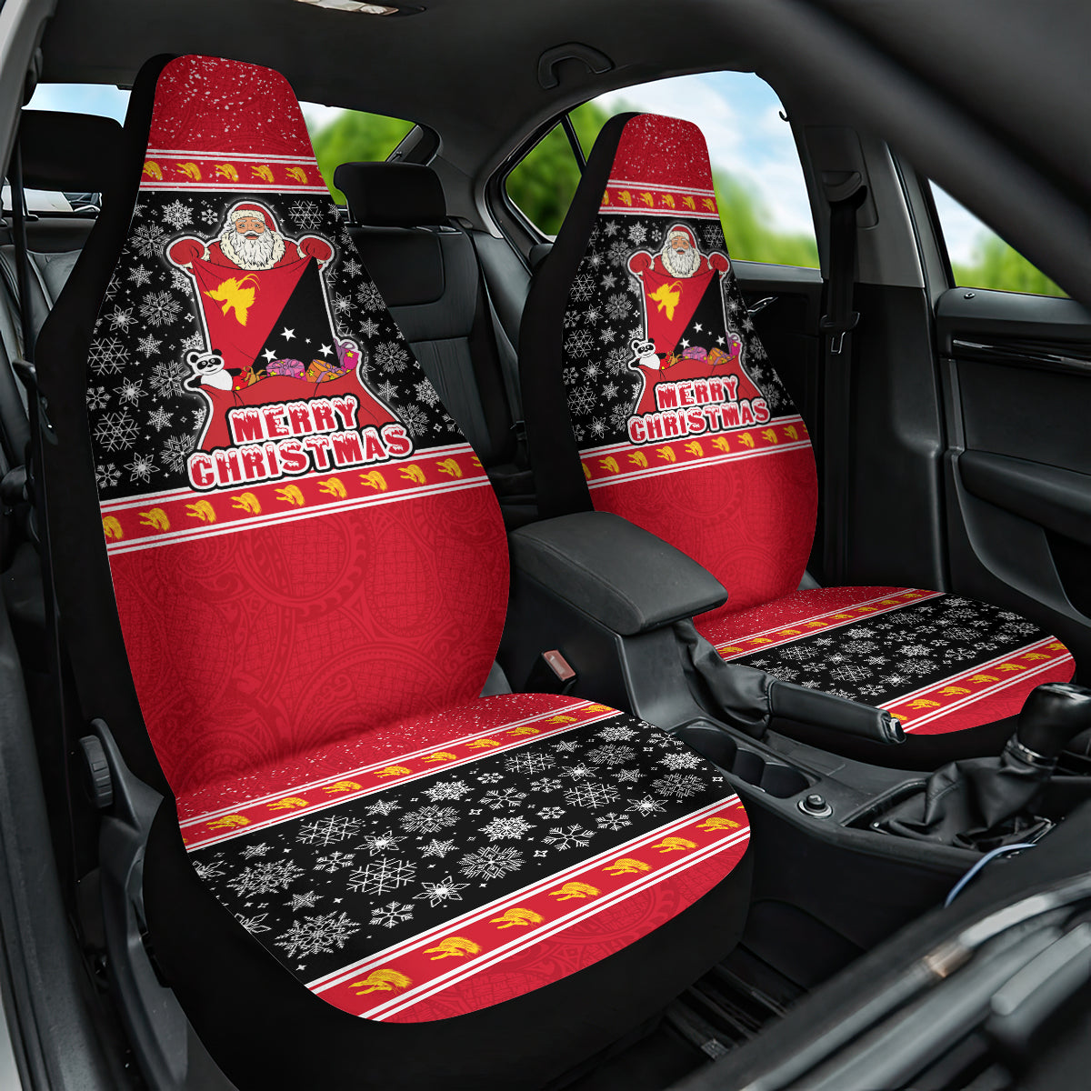Papua New Guinea Christmas Car Seat Cover Santa With Flag Of PNG Polynesian Tribal Xmas Vibe LT03 One Size Red - Polynesian Pride