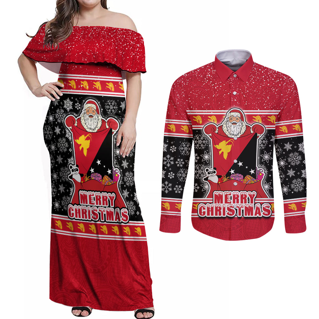 Papua New Guinea Christmas Couples Matching Off Shoulder Maxi Dress and Long Sleeve Button Shirts Santa With Flag Of PNG Polynesian Tribal Xmas Vibe LT03 Red - Polynesian Pride