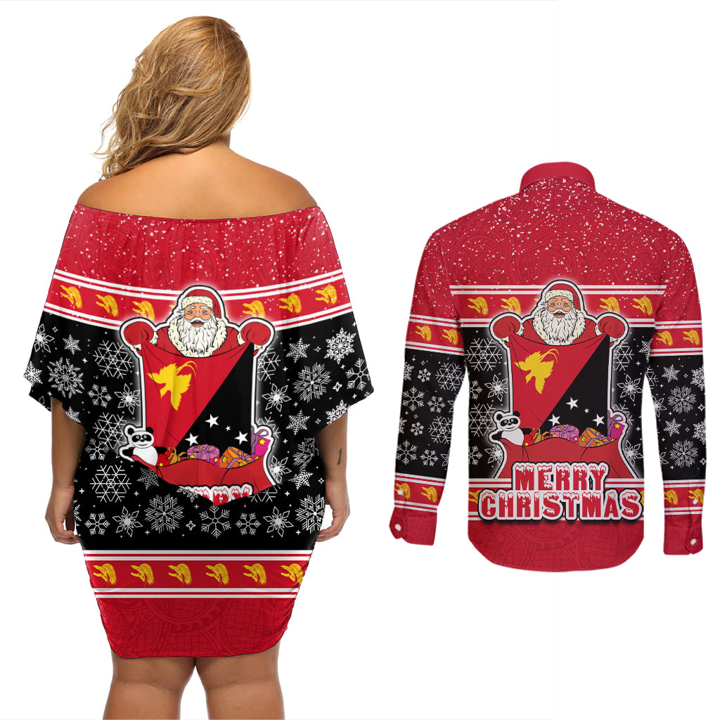 Papua New Guinea Christmas Couples Matching Off Shoulder Short Dress and Long Sleeve Button Shirts Santa With Flag Of PNG Polynesian Tribal Xmas Vibe LT03 - Polynesian Pride