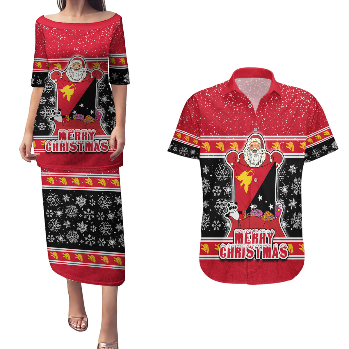 Papua New Guinea Christmas Couples Matching Puletasi Dress and Hawaiian Shirt Santa With Flag Of PNG Polynesian Tribal Xmas Vibe LT03 Red - Polynesian Pride