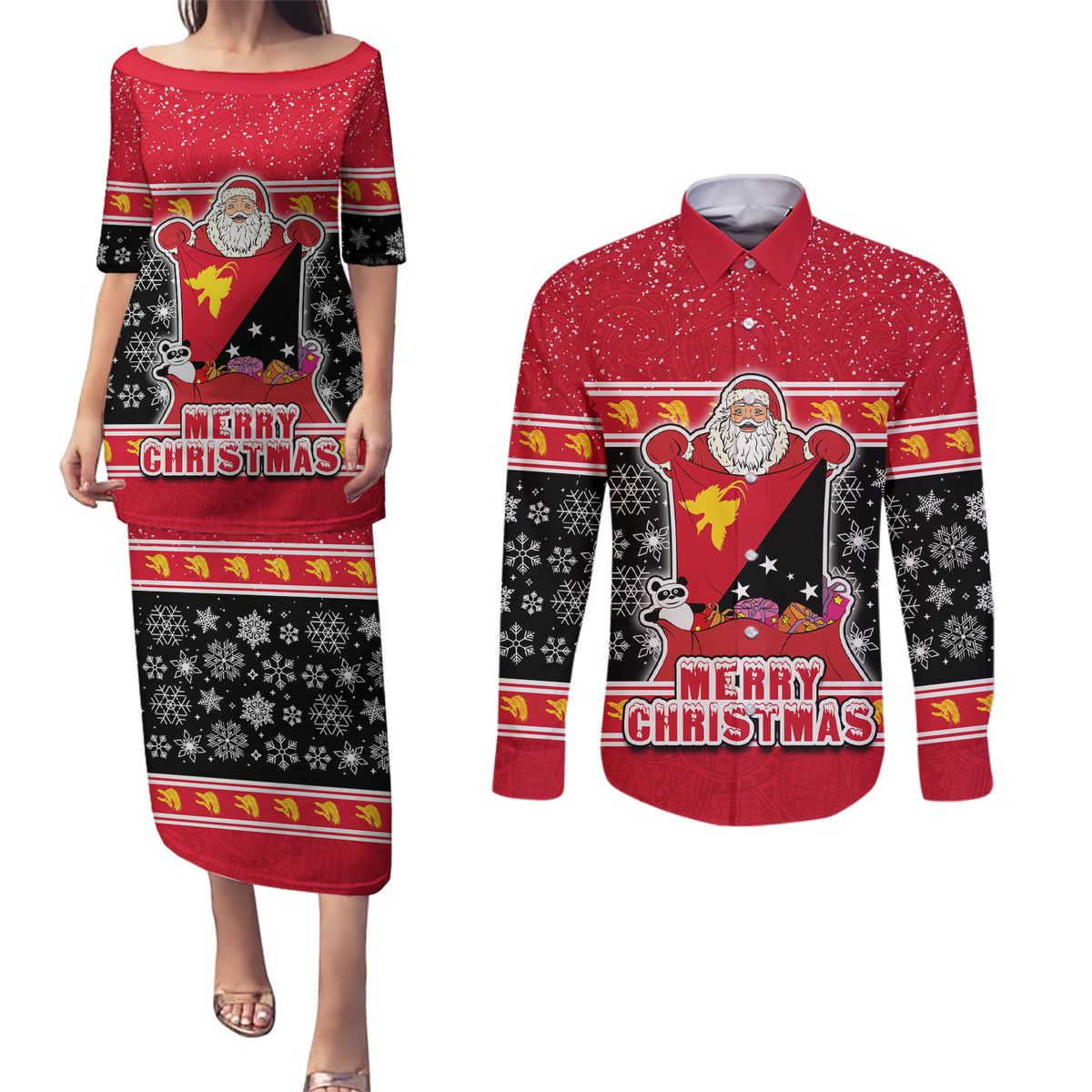 Papua New Guinea Christmas Couples Matching Puletasi Dress and Long Sleeve Button Shirts Santa With Flag Of PNG Polynesian Tribal Xmas Vibe LT03 Red - Polynesian Pride