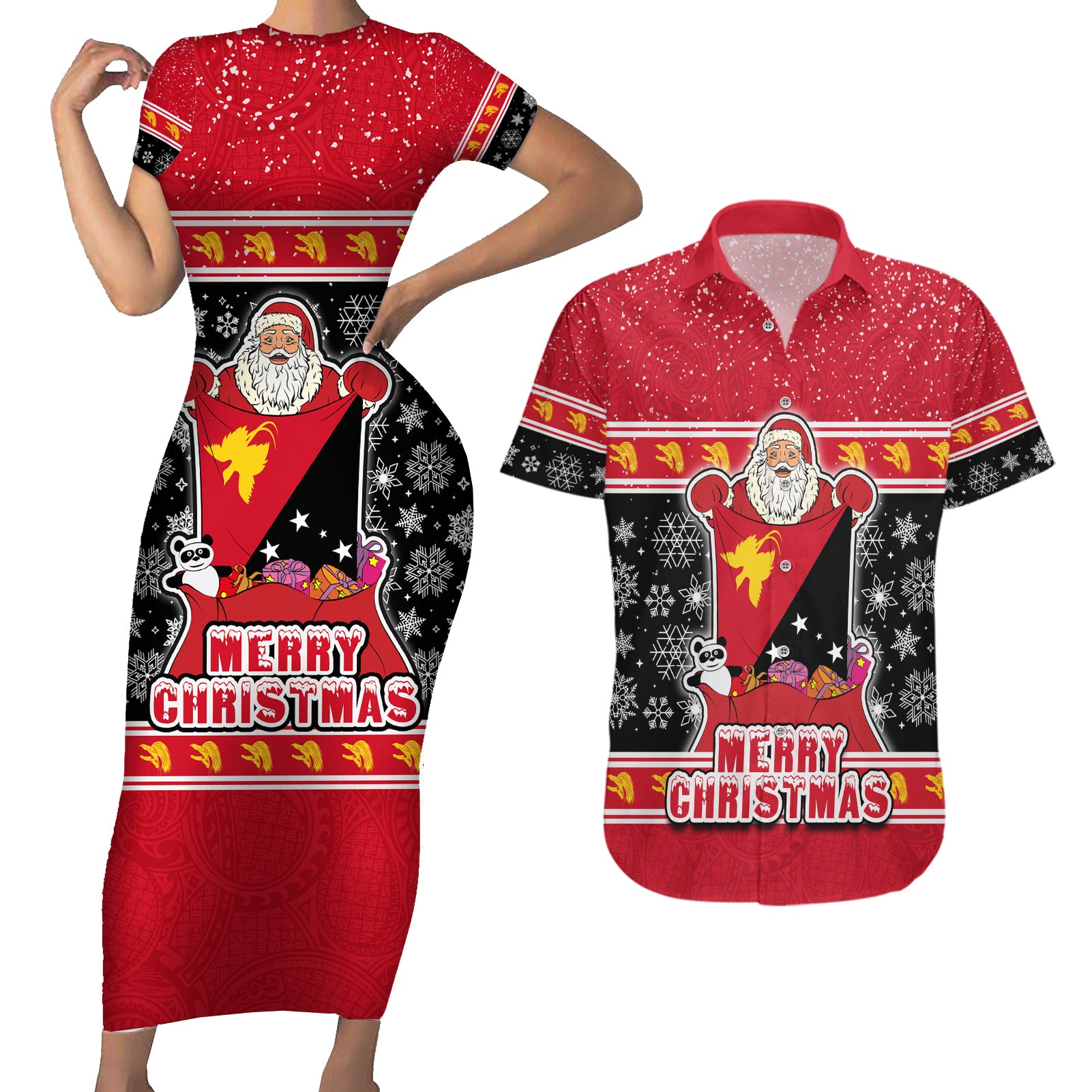 Papua New Guinea Christmas Couples Matching Short Sleeve Bodycon Dress and Hawaiian Shirt Santa With Flag Of PNG Polynesian Tribal Xmas Vibe LT03 Red - Polynesian Pride