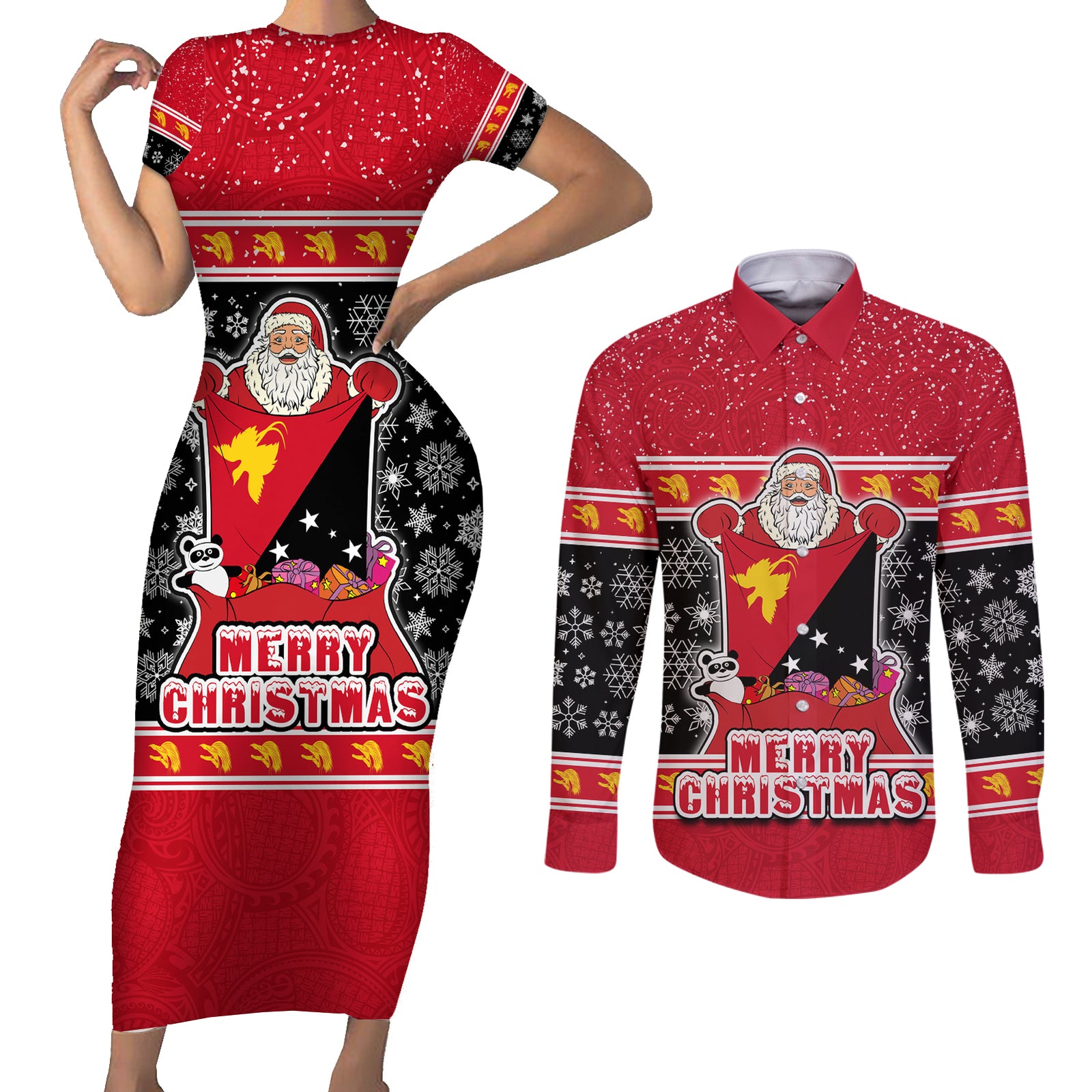Papua New Guinea Christmas Couples Matching Short Sleeve Bodycon Dress and Long Sleeve Button Shirts Santa With Flag Of PNG Polynesian Tribal Xmas Vibe LT03 Red - Polynesian Pride