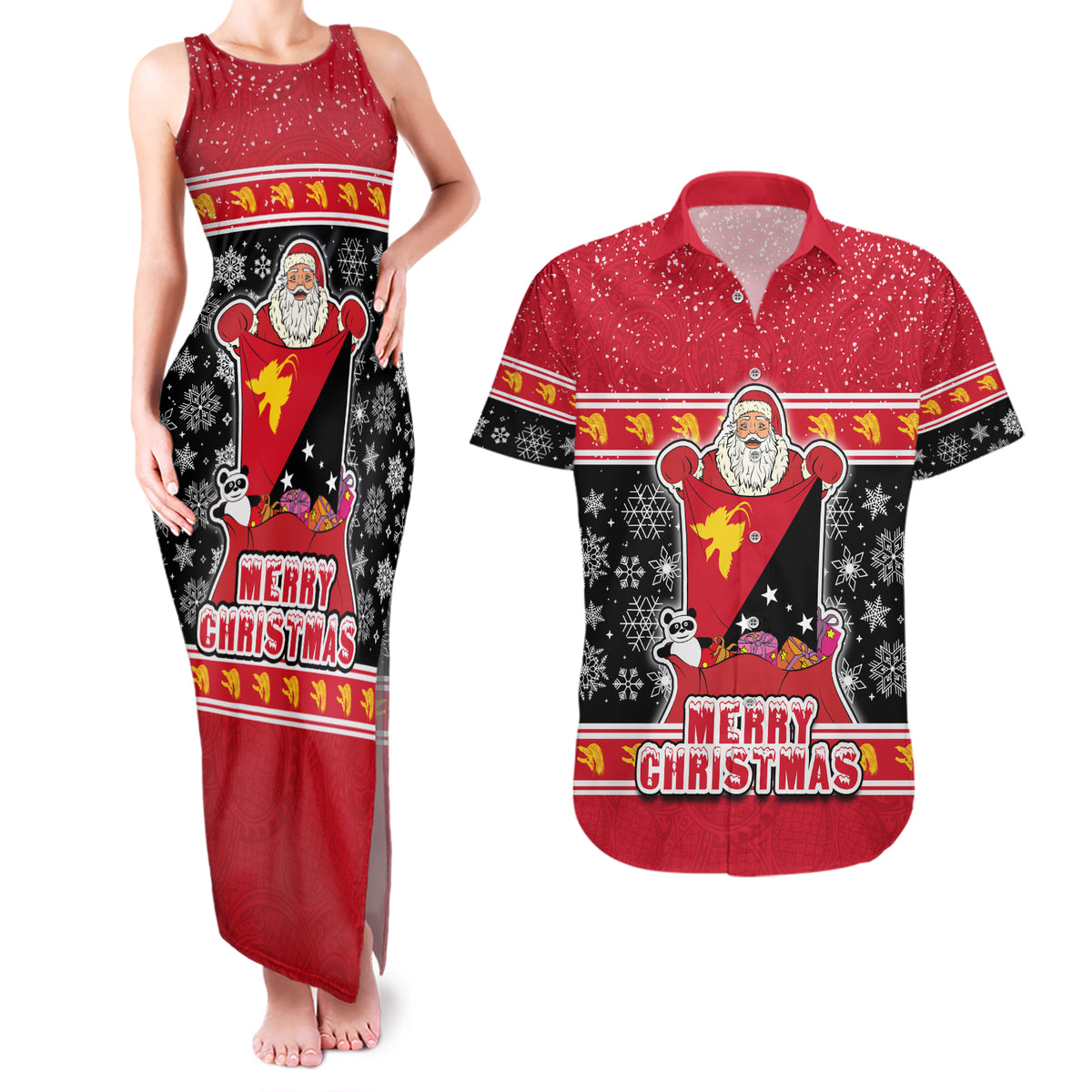 Papua New Guinea Christmas Couples Matching Tank Maxi Dress and Hawaiian Shirt Santa With Flag Of PNG Polynesian Tribal Xmas Vibe LT03 Red - Polynesian Pride