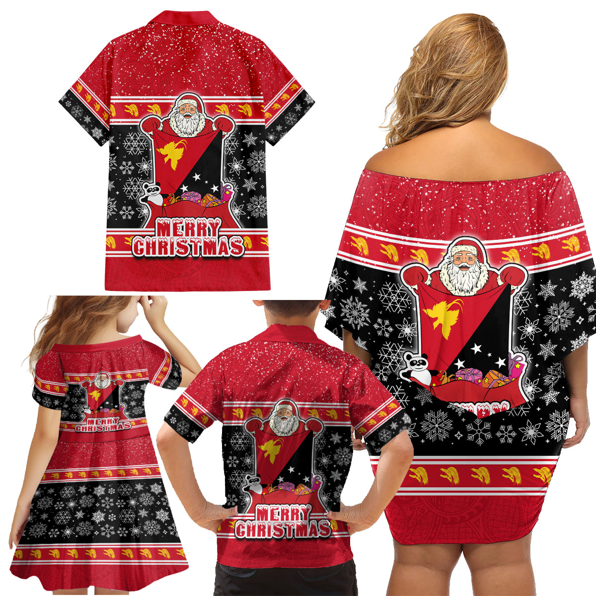 Papua New Guinea Christmas Family Matching Off Shoulder Short Dress and Hawaiian Shirt Santa With Flag Of PNG Polynesian Tribal Xmas Vibe LT03 - Polynesian Pride