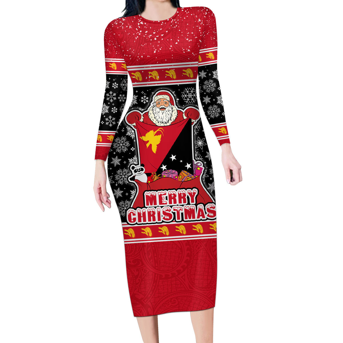 Papua New Guinea Christmas Long Sleeve Bodycon Dress Santa With Flag Of PNG Polynesian Tribal Xmas Vibe LT03 Long Dress Red - Polynesian Pride