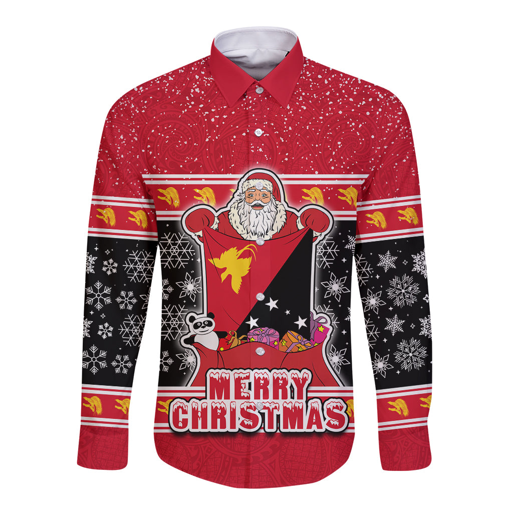 Papua New Guinea Christmas Long Sleeve Button Shirt Santa With Flag Of PNG Polynesian Tribal Xmas Vibe LT03 Unisex Red - Polynesian Pride