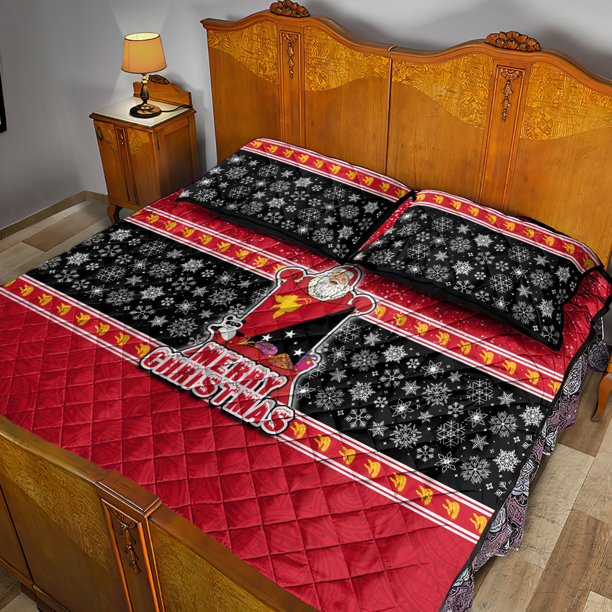 Papua New Guinea Christmas Quilt Bed Set Santa With Flag Of PNG Polynesian Tribal Xmas Vibe LT03 - Polynesian Pride
