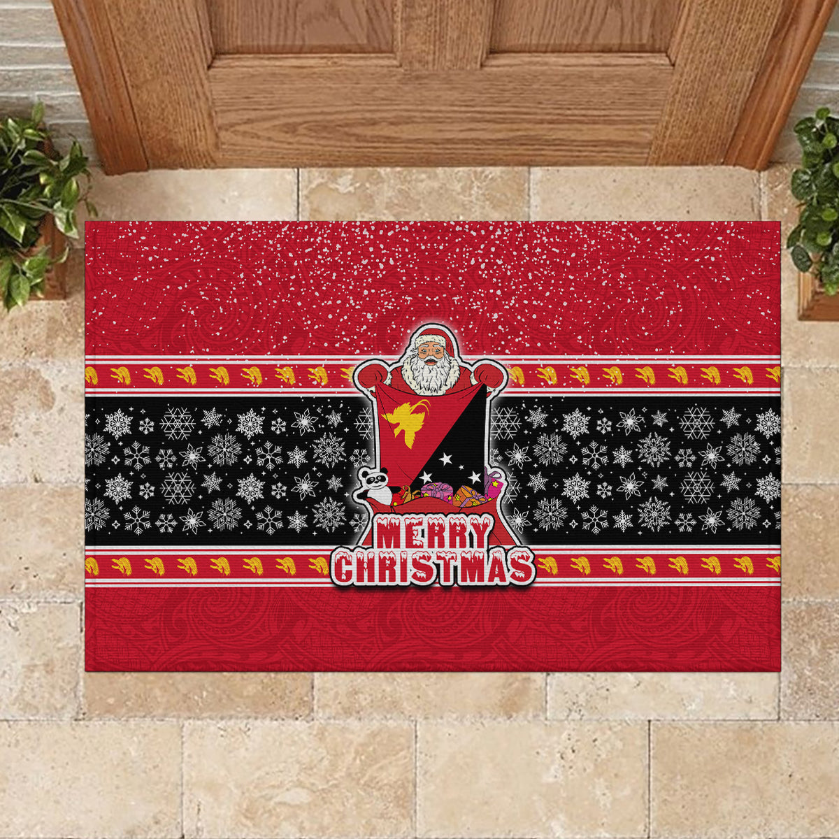 Papua New Guinea Christmas Rubber Doormat Santa With Flag Of PNG Polynesian Tribal Xmas Vibe LT03 - Polynesian Pride