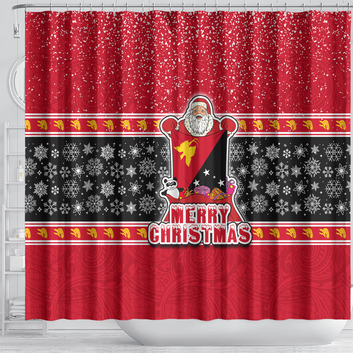 Papua New Guinea Christmas Shower Curtain Santa With Flag Of PNG Polynesian Tribal Xmas Vibe LT03 - Polynesian Pride