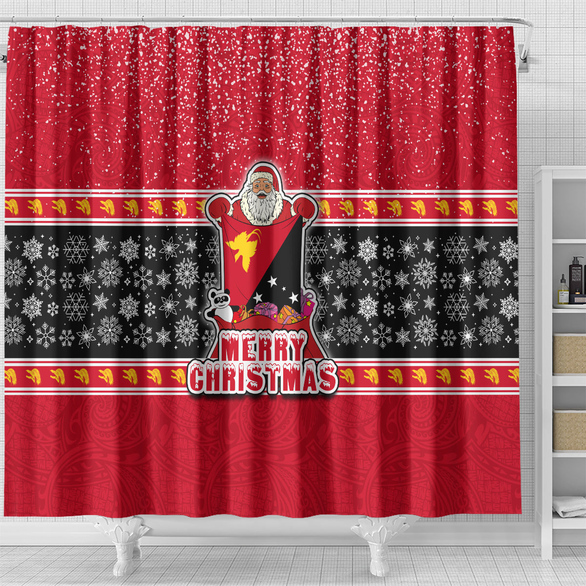 Papua New Guinea Christmas Shower Curtain Santa With Flag Of PNG Polynesian Tribal Xmas Vibe LT03 - Polynesian Pride