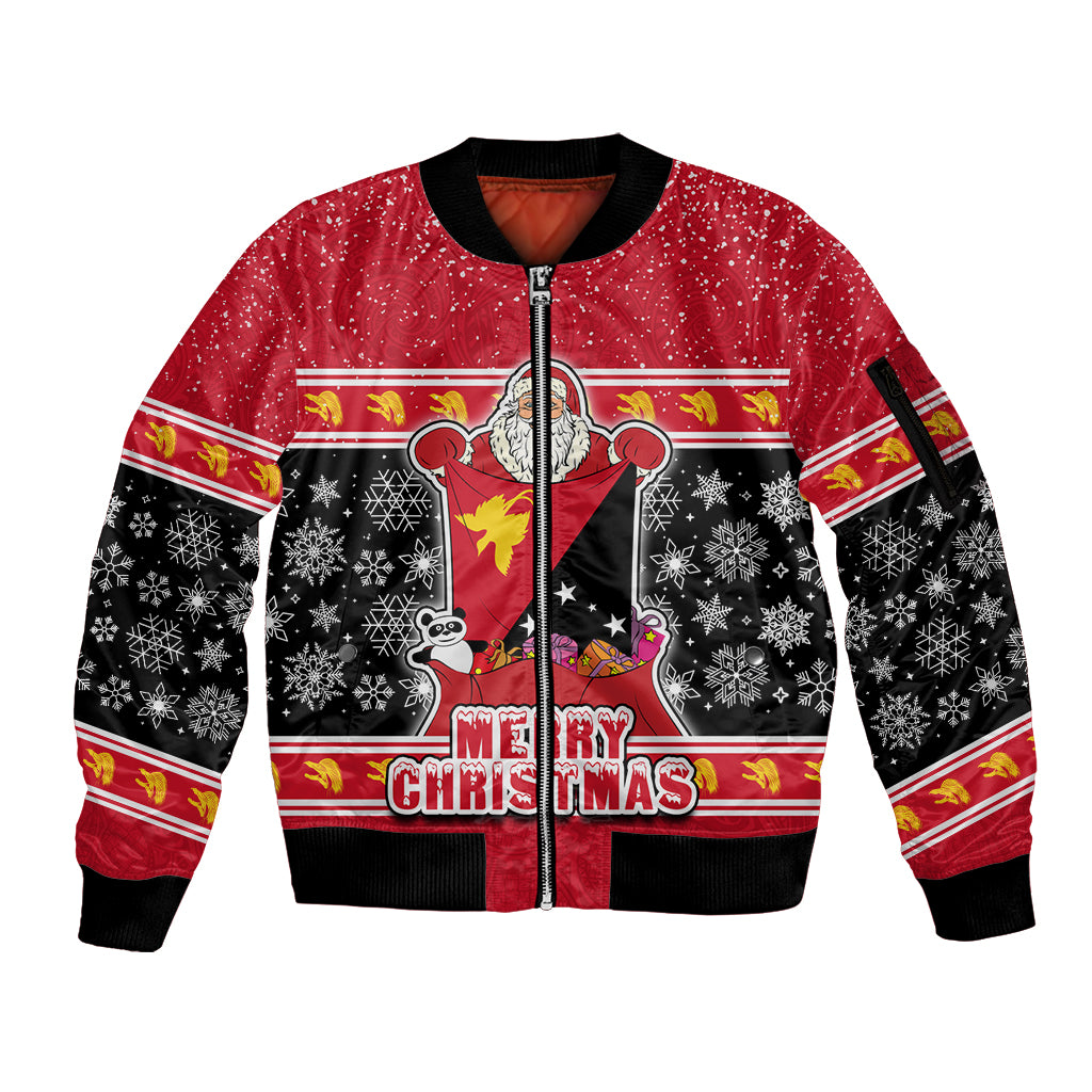 Papua New Guinea Christmas Sleeve Zip Bomber Jacket Santa With Flag Of PNG Polynesian Tribal Xmas Vibe LT03 Unisex Red - Polynesian Pride