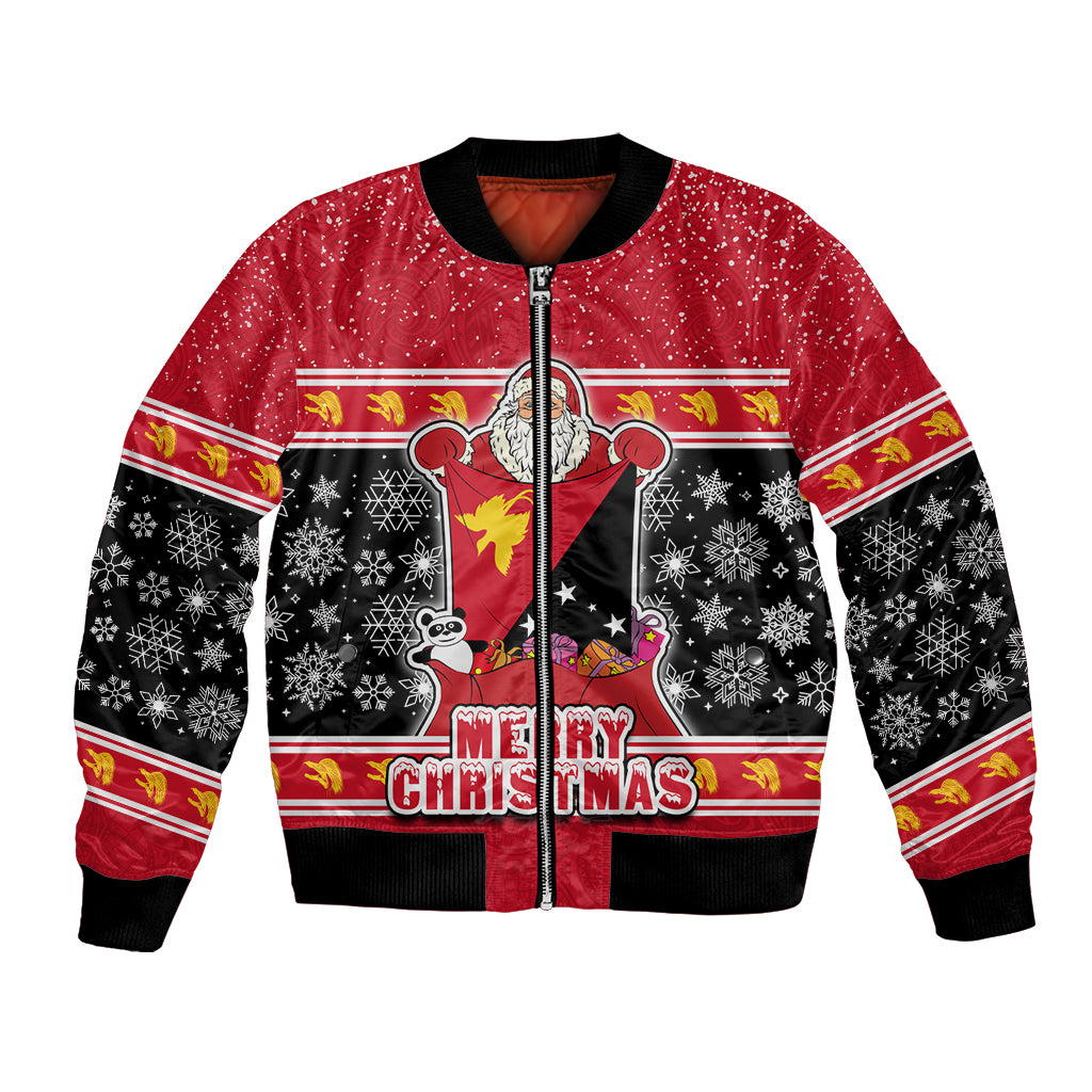 Custom Papua New Guinea Christmas Bomber Jacket Santa With Flag Of PNG Polynesian Tribal Xmas Vibe LT03 Unisex Red - Polynesian Pride